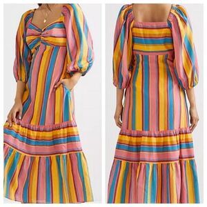 Anthropologie Farm Rio Rainbow‎ Stripe Tiered MIDI Dress Multi Small